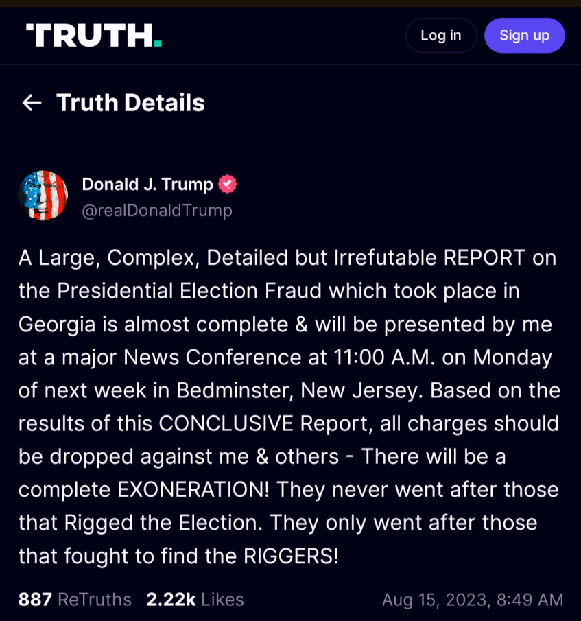 Trump's Truth Social Post describing the election fraud report that's going to totally exonerate him