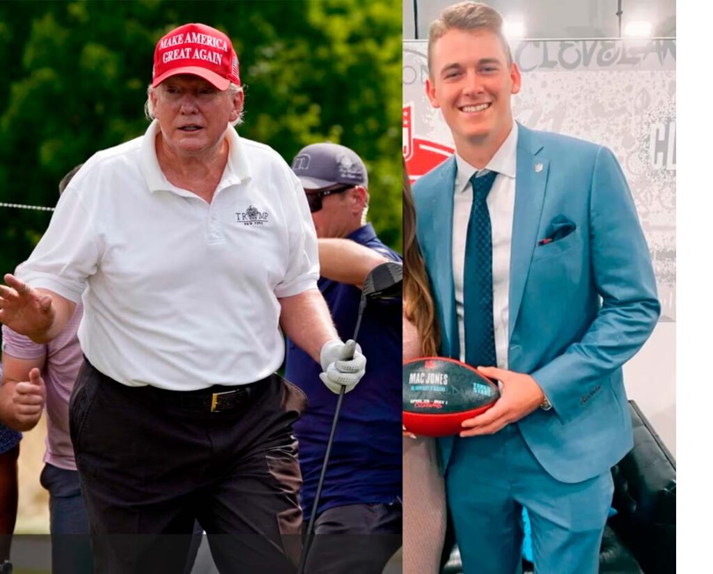 Split screen image of Trump and Mac Jones